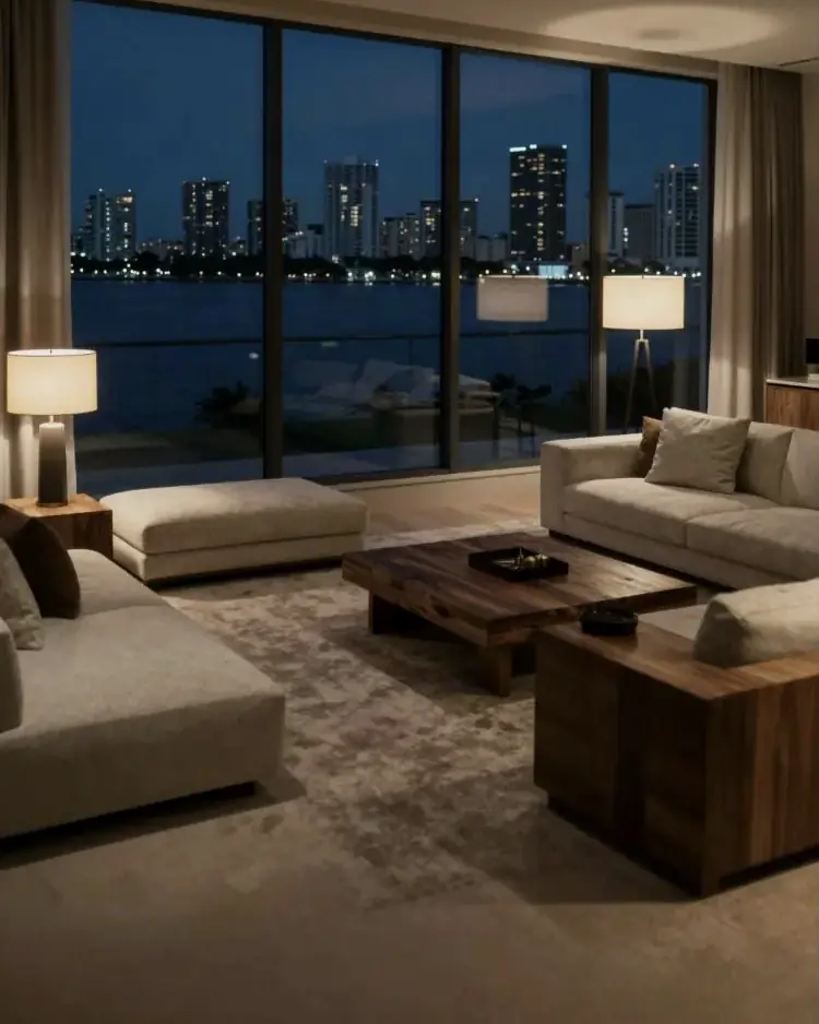 Sala con vista a las luces de la ciudad sobre el agua de noche