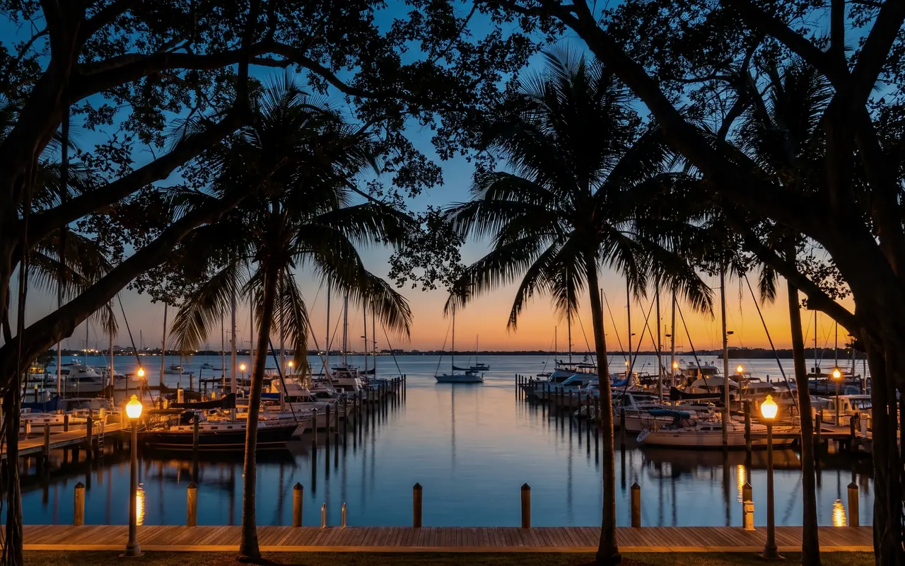 Sailboats in a bayfront marina under a tree canopy at dusk