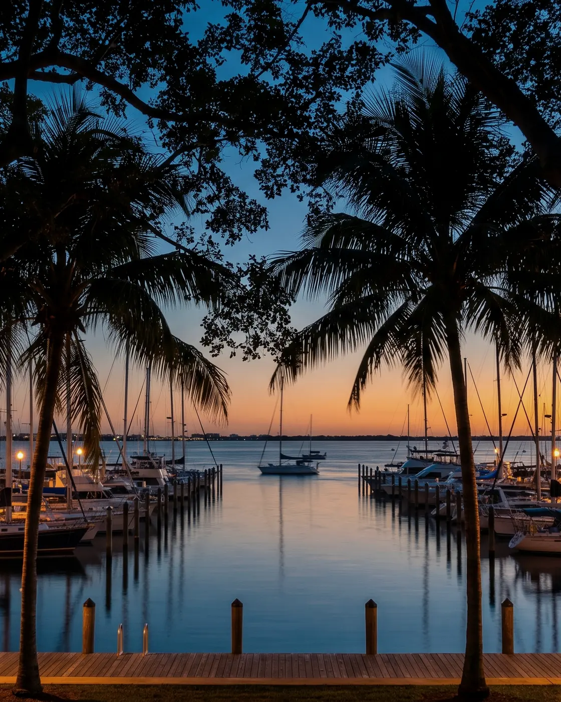 Veleros en una marina frente a la bahía bajo los árboles al atardecer