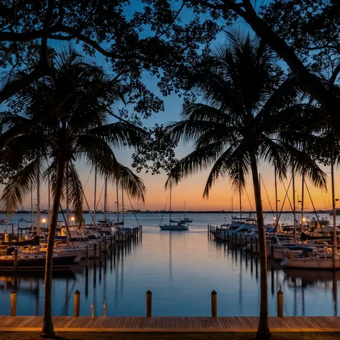 Sailboats in a bayfront marina under a tree canopy at dusk