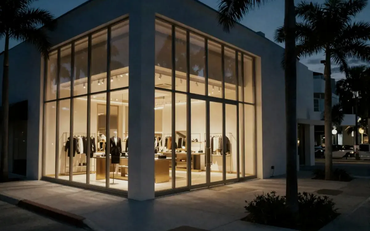 Glass storefront glowing at dusk under palms