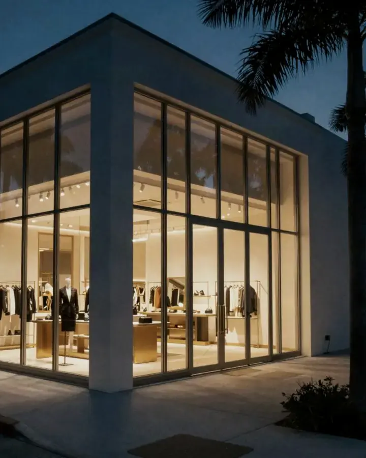 Local comercial de vidrio iluminado al atardecer bajo las palmeras