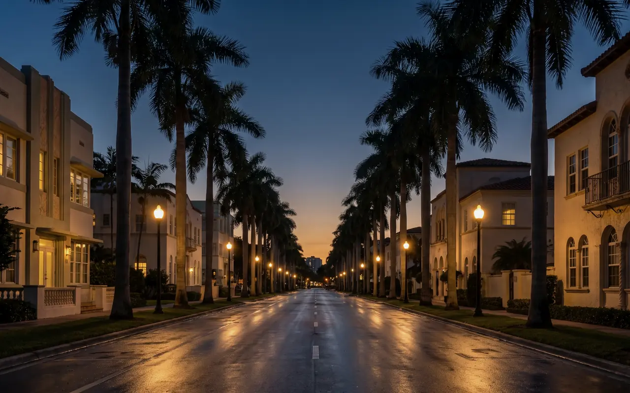 Palm-lined avenue with warm streetlights at dusk