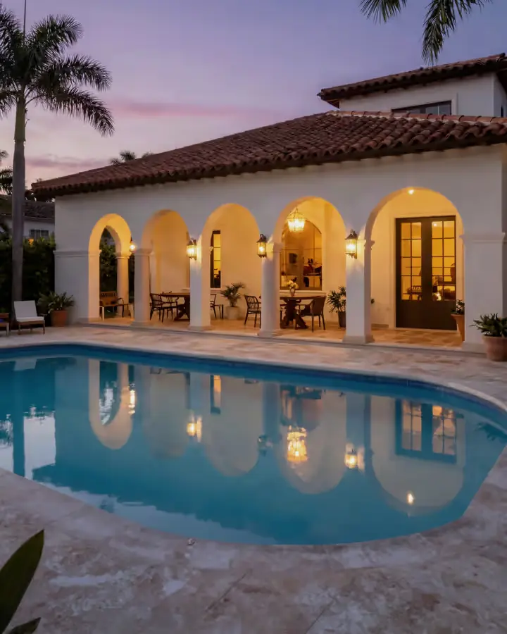 Casa de estilo mediterráneo con arcos y piscina al atardecer