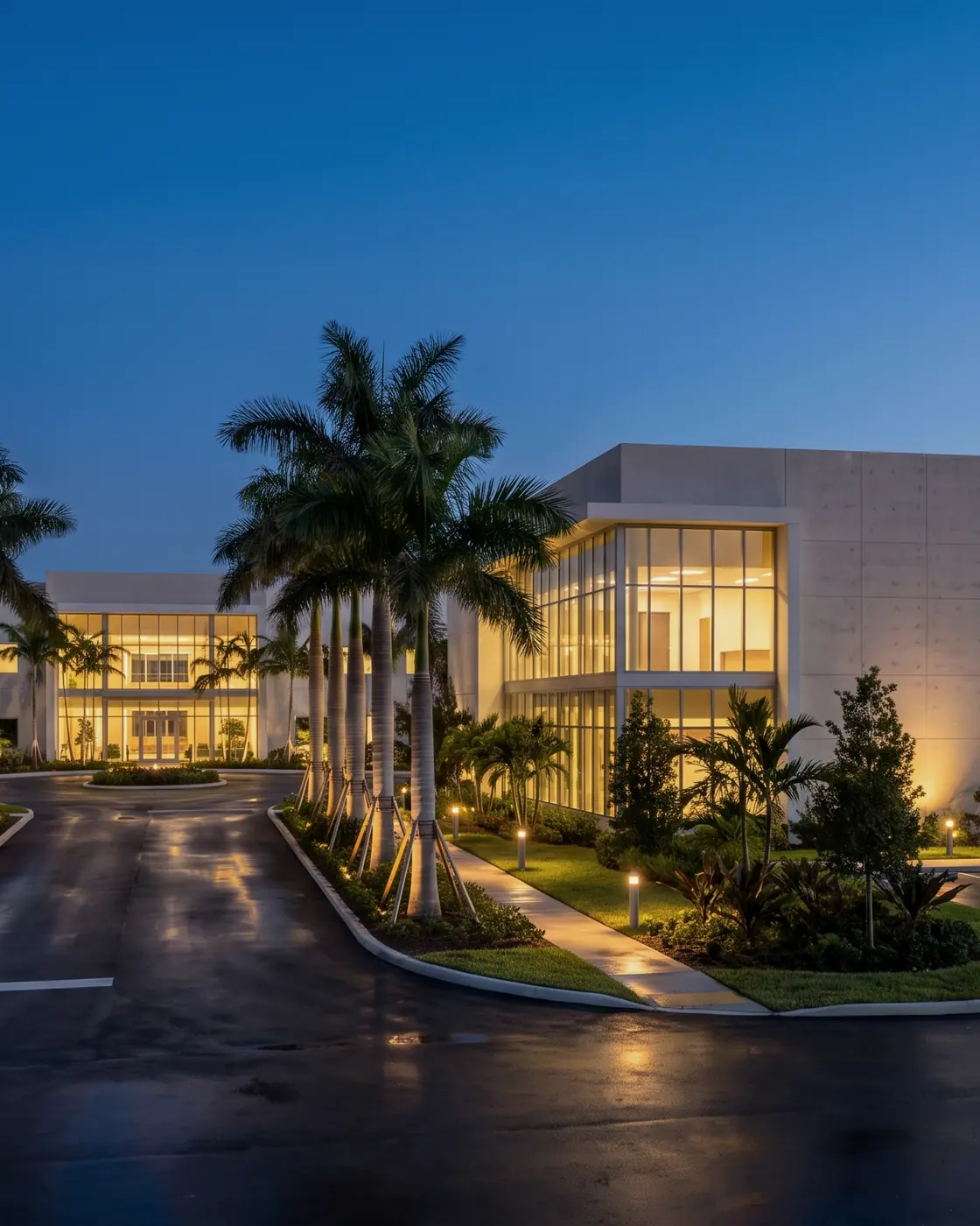Campus moderno de oficinas y almacenes con palmeras al atardecer