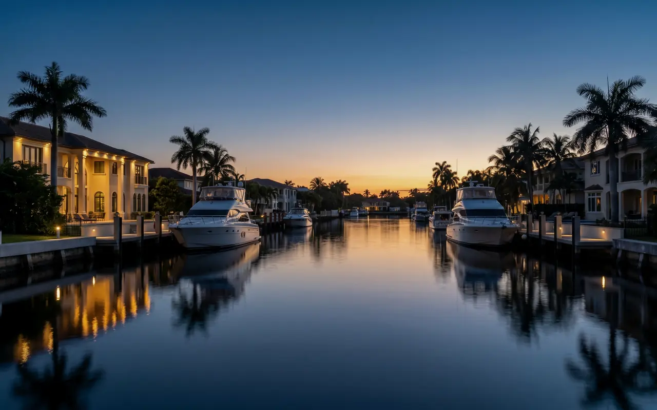 Waterfront homes and yachts along a canal at dusk