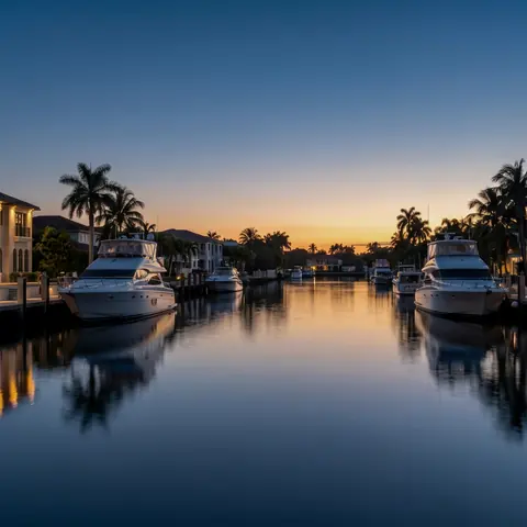Waterfront homes and yachts along a canal at dusk