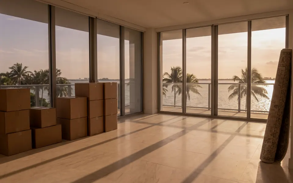 Moving boxes in a bright condo with bay views at sunset