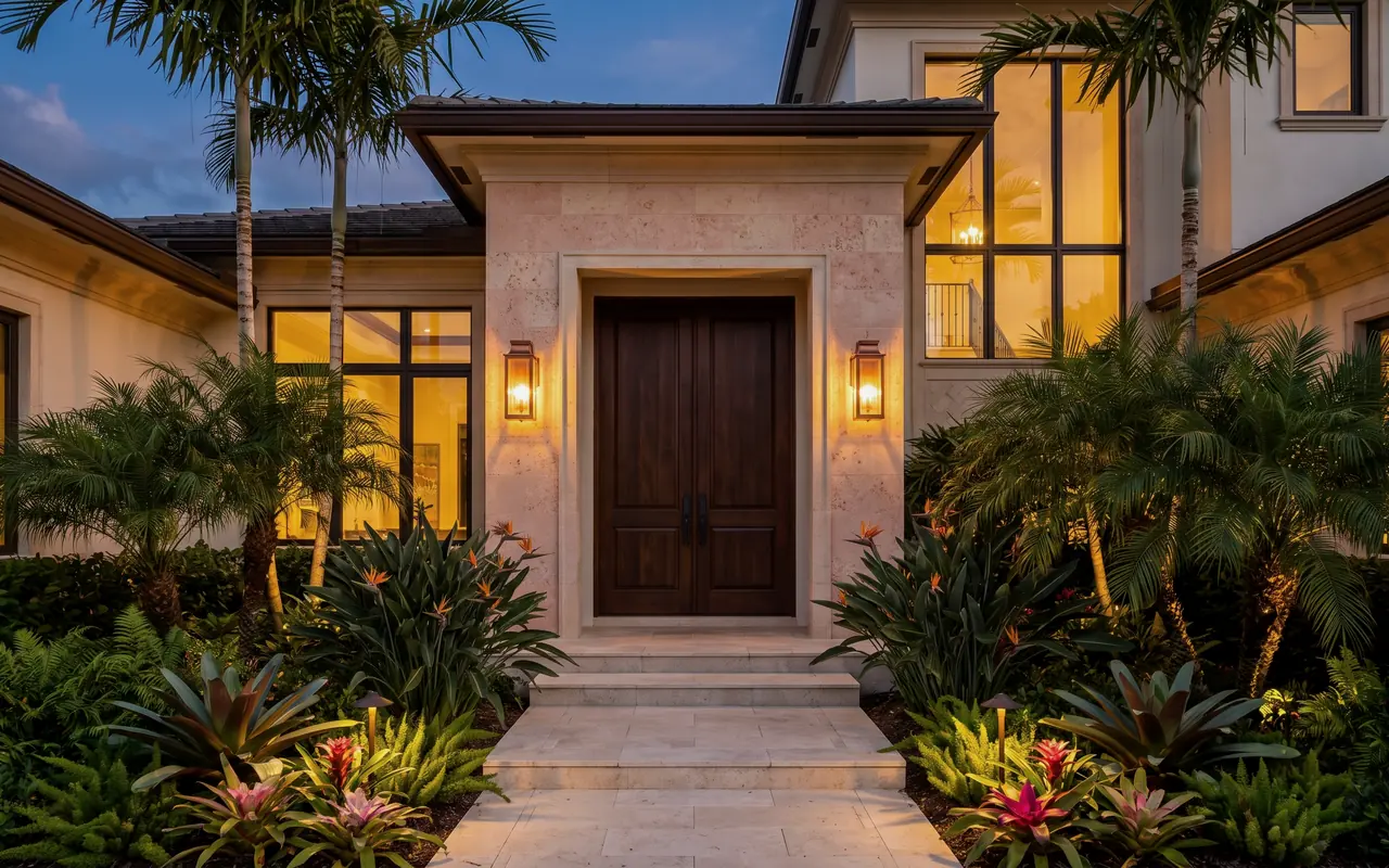 Front entrance of a home with lanterns and tropical plants at dusk