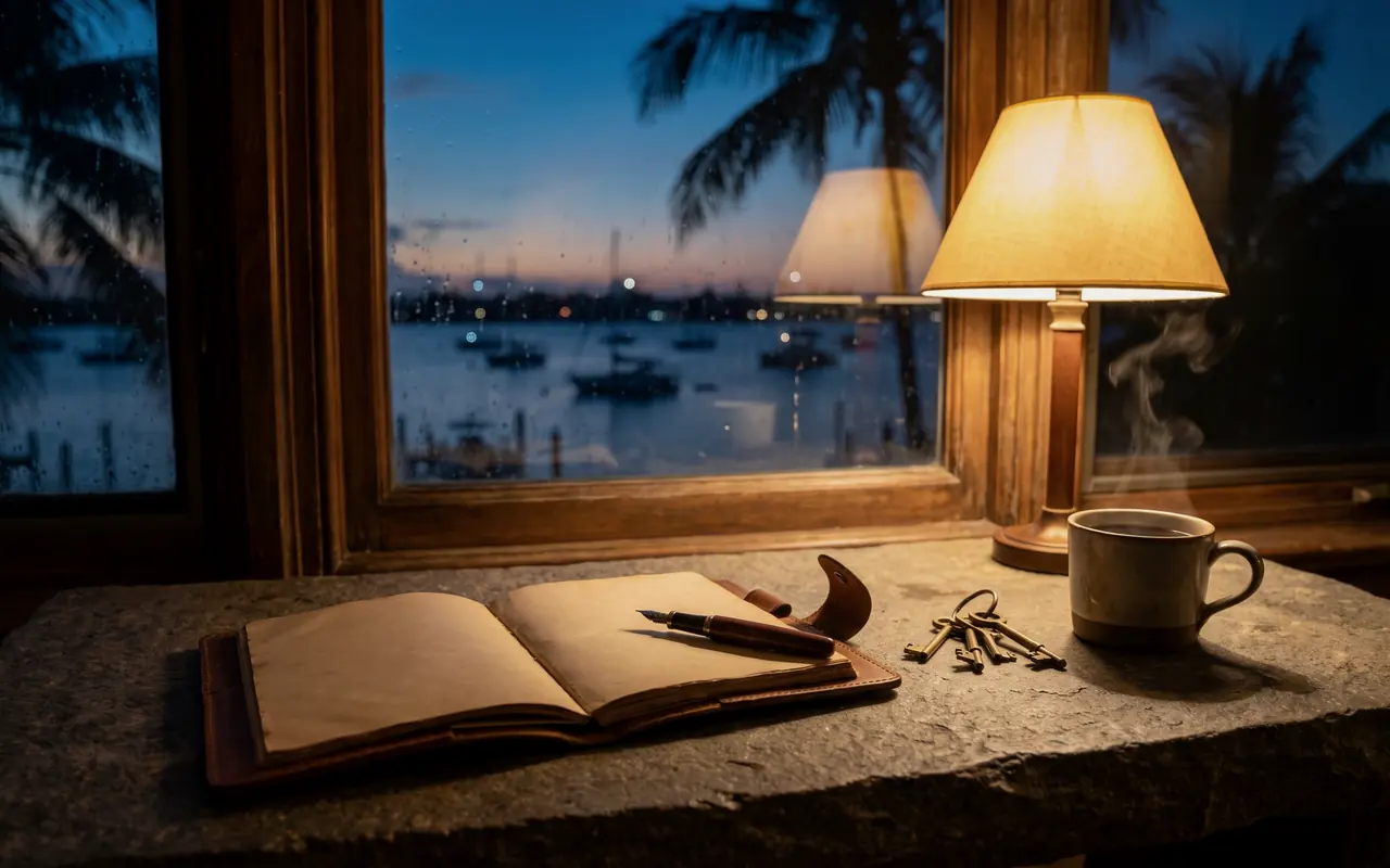 Desk with a notebook and house keys by a window at dusk