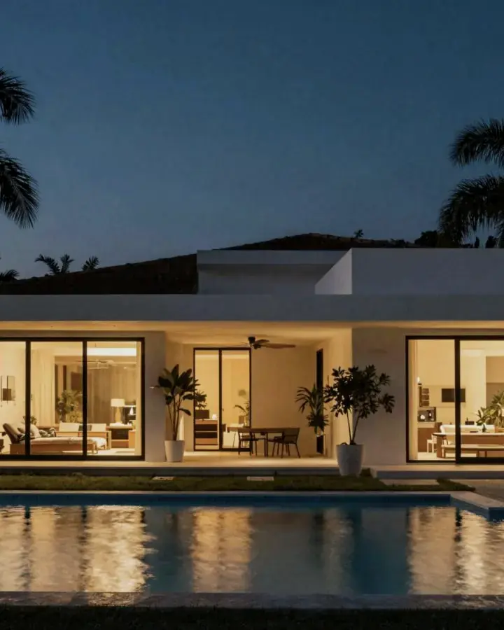 Casa moderna con piscina iluminada al atardecer