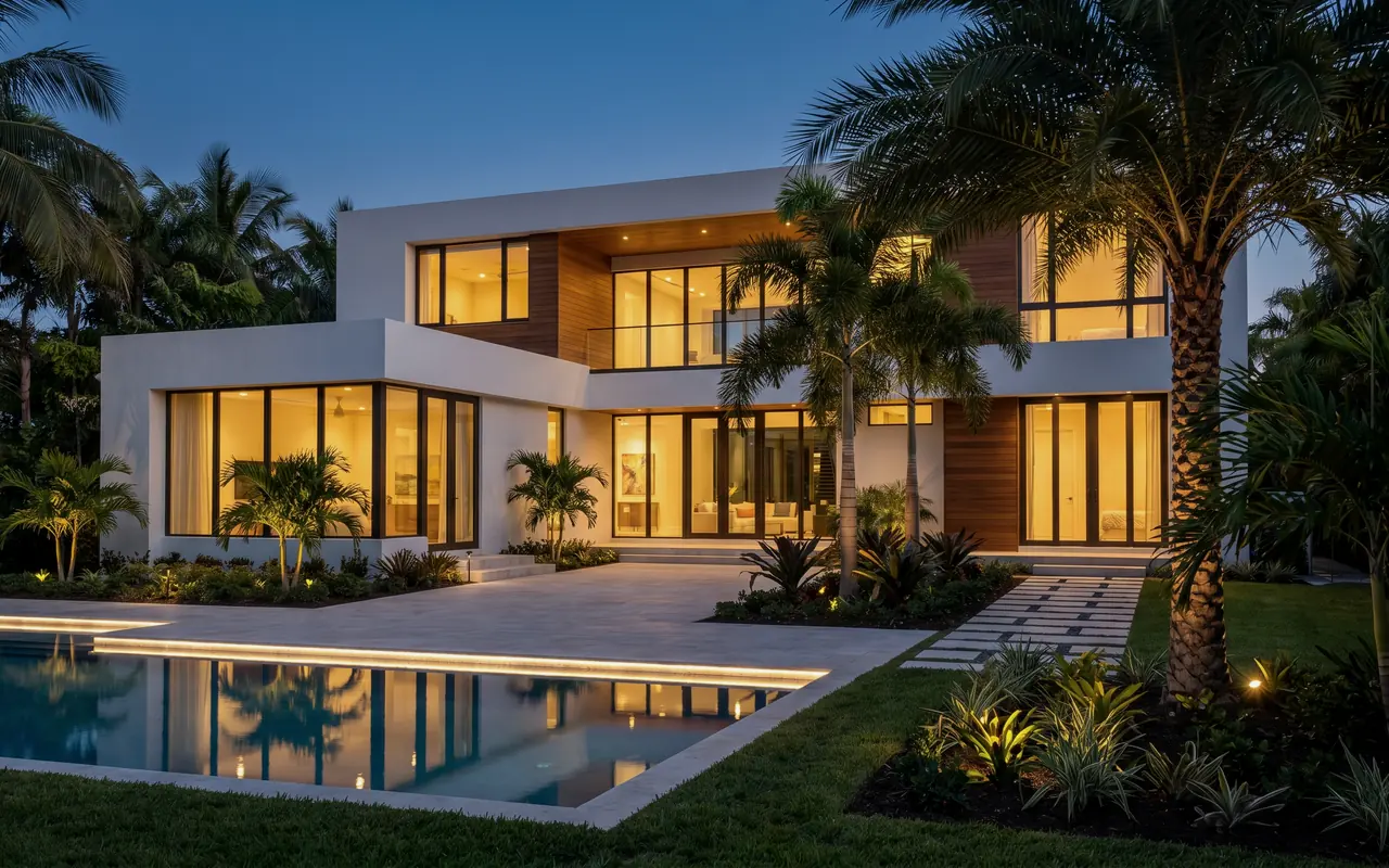 Contemporary two-story home with glass walls and a pool at dusk