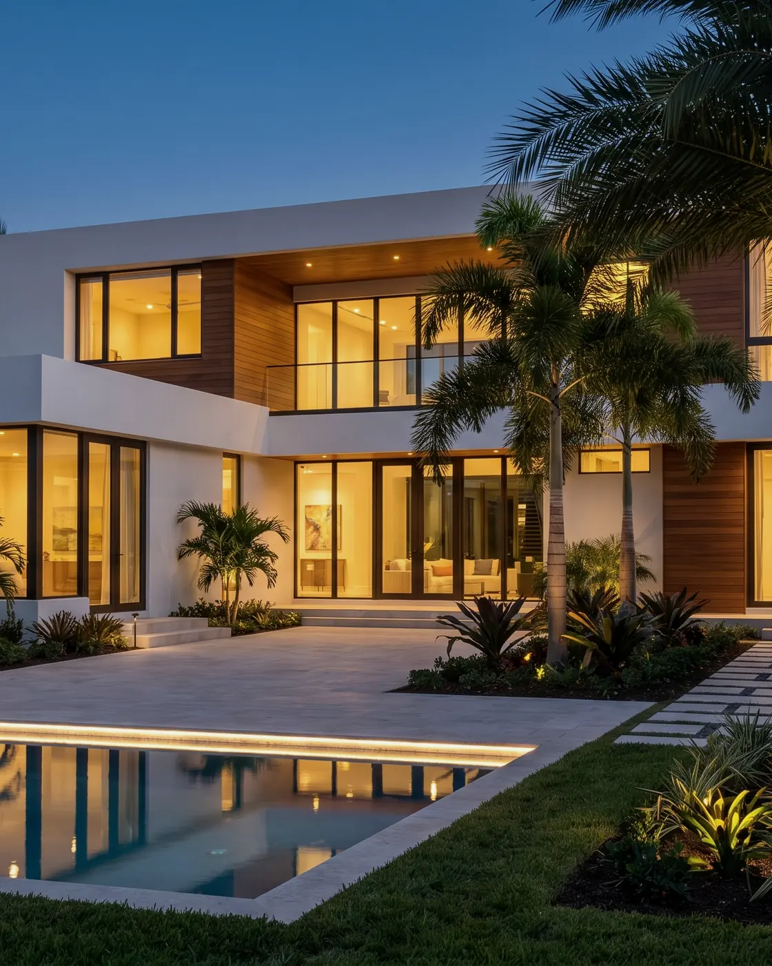 Casa contemporánea de dos pisos con paredes de vidrio y piscina al atardecer