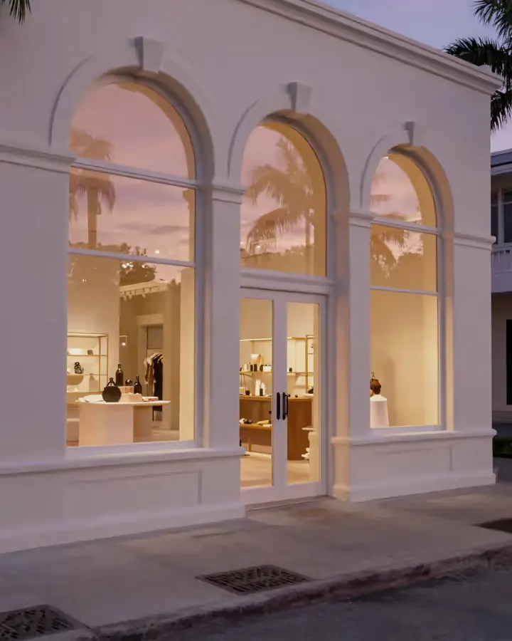 Locales con arcos iluminados al atardecer